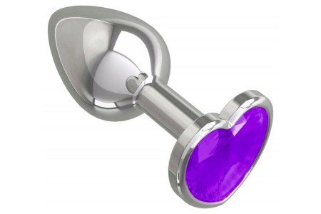 Металлическая анальная пробка с фиолетовым камушком в виде сердечка M