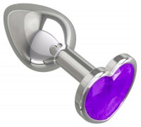 Металлическая анальная пробка с фиолетовым камушком в виде сердечка L