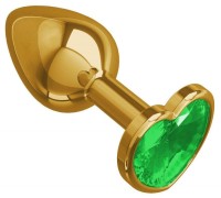 Золотистая анальная пробка с зеленым камушком в виде сердечка S