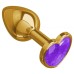 Золотистая анальная пробка с фиолетовым камушком в виде сердечка S - фото