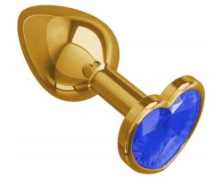 Золотистая анальная пробка с синим камушком в виде сердечка S
