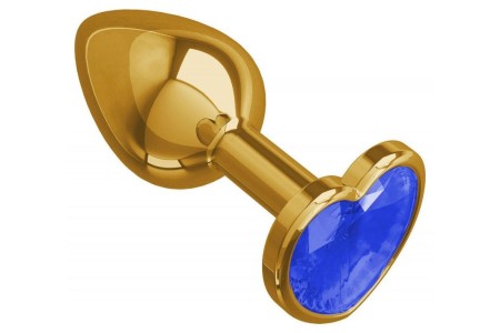 Золотистая анальная пробка с синим камушком в виде сердечка S