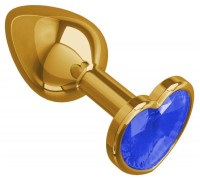Золотистая анальная пробка с синим камушком в виде сердечка M