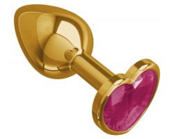 Золотистая анальная пробка с розовым камушком в виде сердечка L