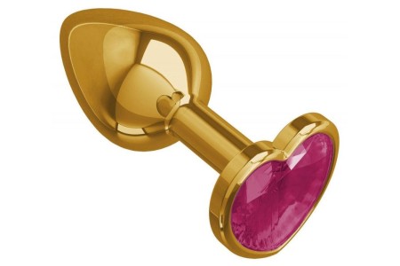 Золотистая анальная пробка с розовым камушком в виде сердечка L