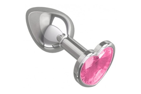 Металлическая анальная пробка с нежно-розовым камушком в виде сердечка M
