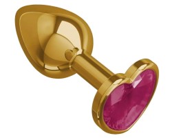 Золотая металлическая анальная пробка с розовым камушком в виде сердечка S