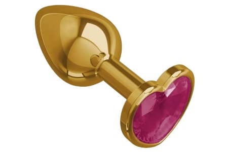 Золотая металлическая анальная пробка с розовым камушком в виде сердечка S
