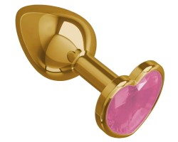 Золотая металлическая анальная пробка с нежно-розовым камушком в виде сердечка M