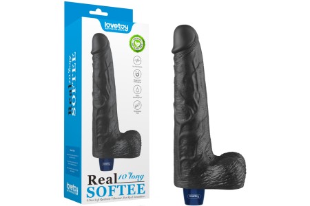 Классический черный вибратор с мошонкой Real Softee 26 см