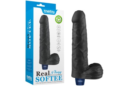 Классический черный вибратор с мошонкой Real Softee 23 см