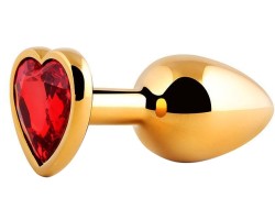Металлическая анальная пробка-сердечко с красным камушком L