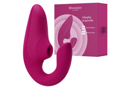 Бесконтактный вакуумно-волновой стимулятор клитора с вибрацией и вагинальным отростком Womanizer Blend малиновый