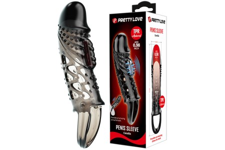 Увеличивающая вибронасадка на пенис с петлей под мошонку черного цвета Penis Sleeve Cecelia + 2,5 см