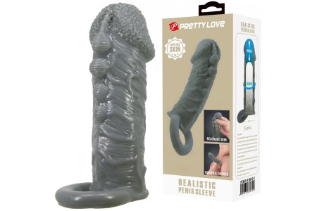 Увеличивающая насадка на пенис со стимулирующим рельефом Realistic Penis Sleeve + 3 см серая