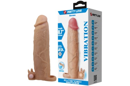 Увеличивающая вибронасадка с клиторальным стимулятором и петлей под мошонку телесная Xerxes + 7,5 см