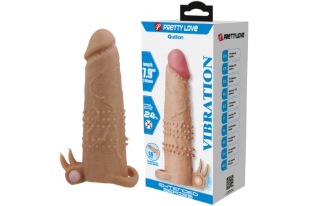 Увеличивающая вибронасадка с клиторальным стимулятором и петлей под мошонку телесная Quillon + 6 см